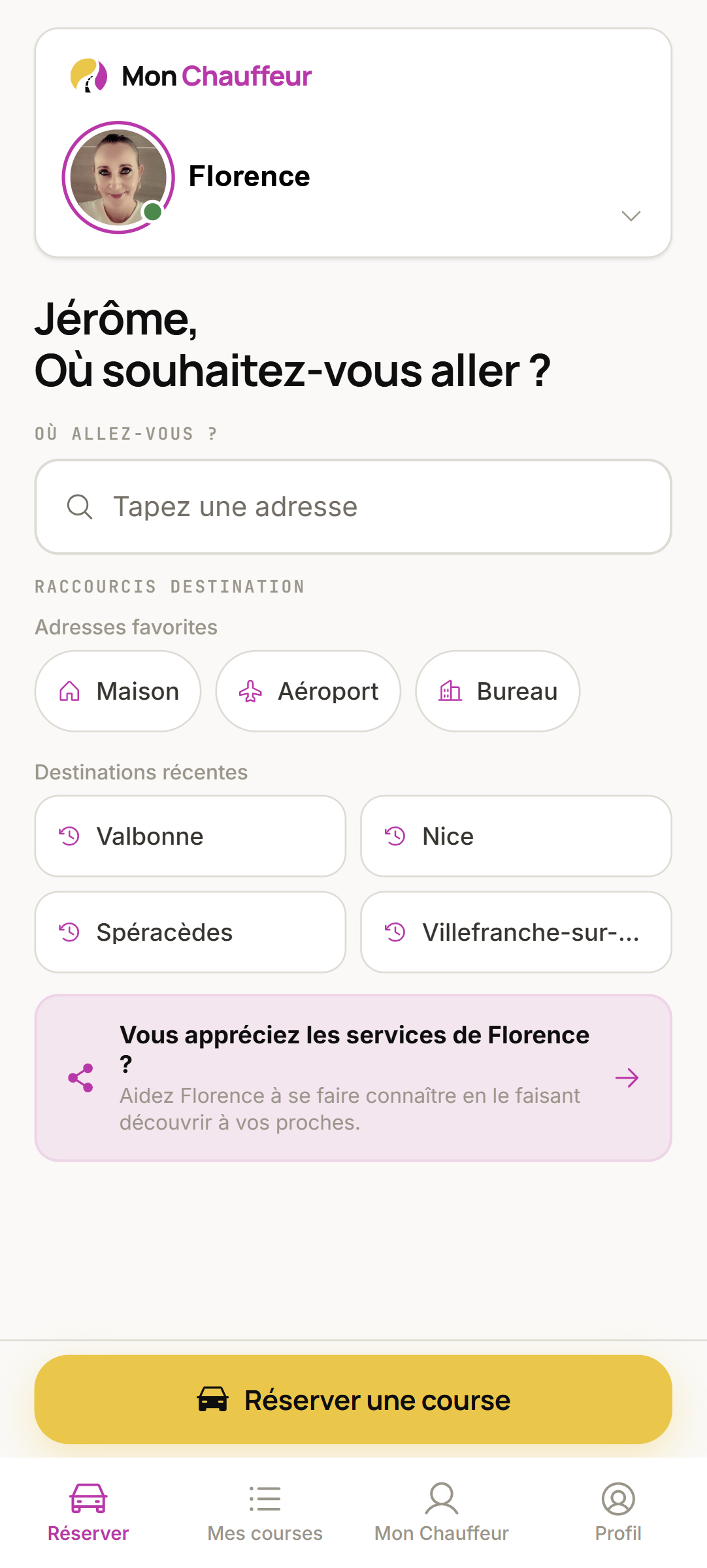 Écran de réservation MonChauffeur
